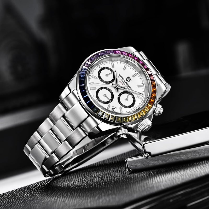 Pagani Design 1644 Men's Chronograph Watch with Rainbow Crystal Bezel and Panda Dial - Image 2